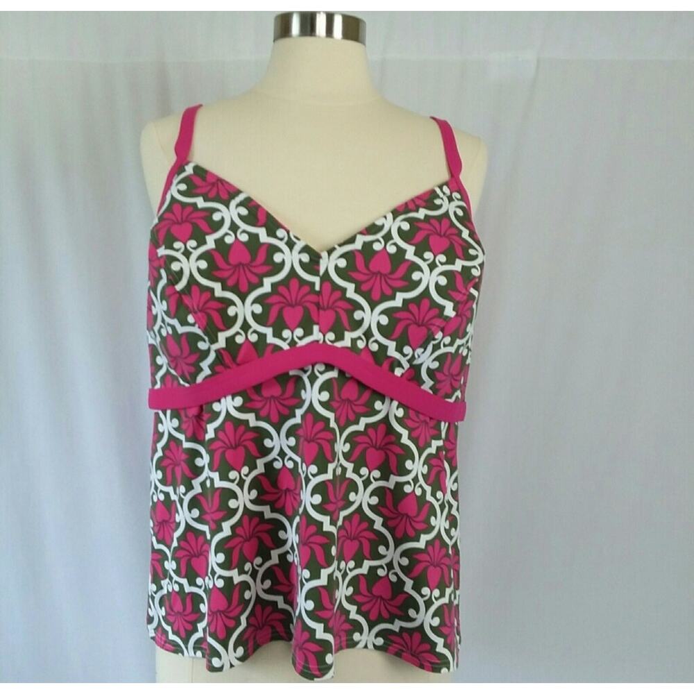 Land's End Tankini Top Swim Suit, Pink & Green, Size 22 W